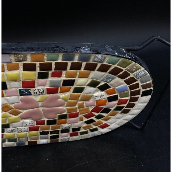 Mid Century Mosaic Tile Oval Trivet Multicolor Pink Hearts Black Metal Handles - Picture 2 of 14